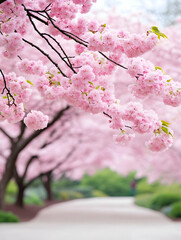Obraz premium Delicate pink blossoms cascade over a pathway
