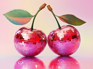 Two Cherries with the Fruit Part Covered in Water Droplets