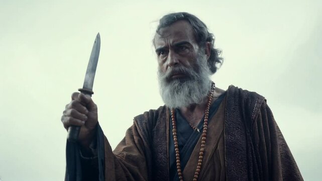 A dramatic scene of Abraham raising a knife, prepared to sacrifice Isaac