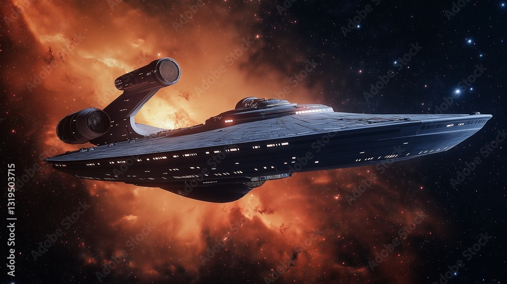 Poster a futuristic spaceship exploring a distant galaxy