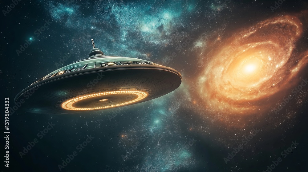 Poster A futuristic spaceship exploring a distant galaxy