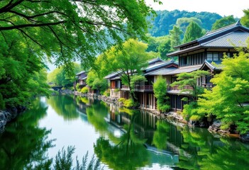 Obraz premium Serene Kyoto river scene, lush greenery reflecting in calm waters, tranquil, summer