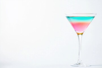 crystal-clear martini glass filled with vibrant colorful cocktail on pure white background with ample copy space