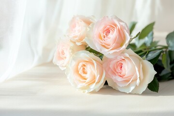 Obraz premium delicate arrangement of pink and white roses on light wooden table with soft sunlight filtering through sheer curtain