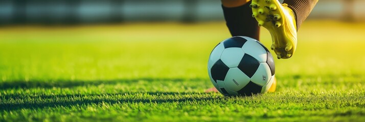 close-up of a soccer player's foot kicking a soccer ball on a grassy field. The player is wearing black shorts, black socks, and yellow plain soccer cleats.