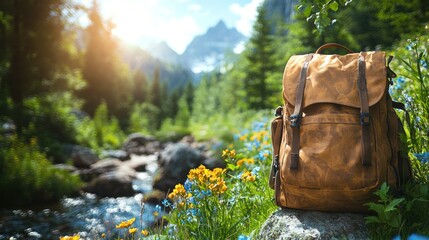 Obraz premium Hiking backpack amidst mountain scenery