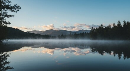 Serene Lake Reflecting Mountains and Forest with Morning Mist Landscape