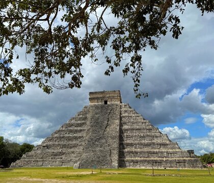 Temple of Kukulcan (El Castillo) in Chichen Itza on a cloudy winter day, Yucatan, Mexico