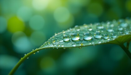 Large drop water reflects environment Nature spring photography raindrops on plant leaf Background image in turquoise and green tones with bokeh : Generative AI 