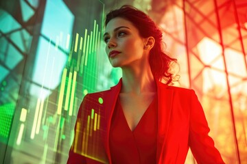 A woman in a red blazer observes financial data displayed on a futuristic transparent screen.