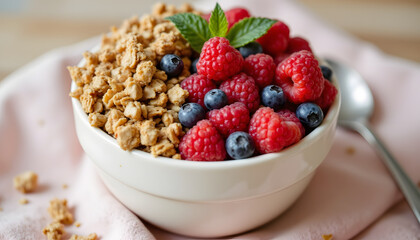 A refreshing parfait made with creamy yogurt, fresh mixed berries, crunchy granola, and a delicate mint leaf garnish.
