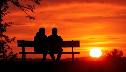 Obraz premium Silhouette of two figures seated on park bench, vibrant sunset, carefree, happy