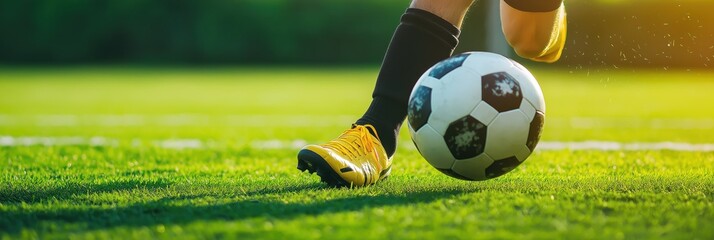 close-up of a soccer player's foot kicking a soccer ball on a grassy field. The player is wearing black shorts, black socks, and yellow plain soccer cleats.