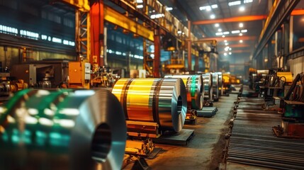 Fototapeta premium Industrial Steel Coil Processing in a Large Manufacturing Facility