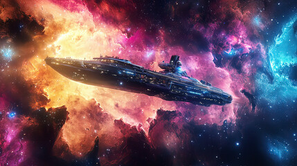 Obraz premium Interstellar cruise ship traveling through colorful nebulae, vibrant cosmic clouds and distant stars