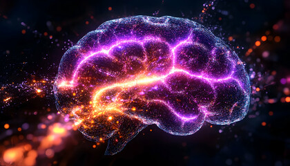 Dynamic neural network, vibrant energy flow within a 3D brain model