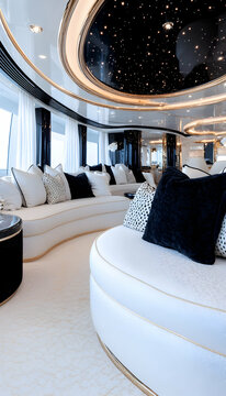 Luxurious yacht lounge with curved white sofas black and white pillows starlit ceiling and gold accents