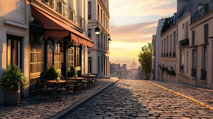 Experience serene parisian street at sunset in montmartre, panoramic view of french culture and charm
