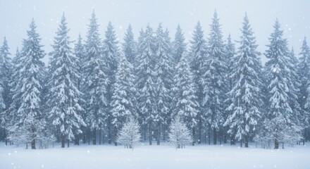 Obraz premium Snow Covered Evergreen Trees in a Winter Forest During a Snowfall
