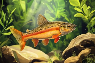 Naklejka premium Vibrant Young Salmon Swimming in Clear Aquarium Water Amidst Natural Subaquatic Serenity