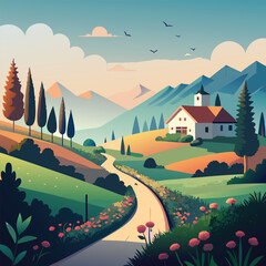 Sunset Over a Rural Countryside with Distant Mountains in View