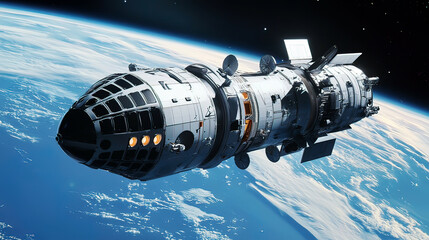 Fototapeta premium Space cruiser docking at an orbital station above Earth, high-tech futuristic architecture, ultra-realistic