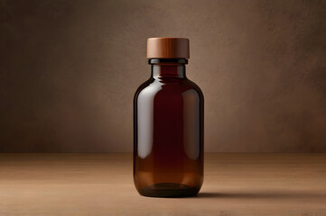 glass amber bottle with wooden lid, for cosmetics content