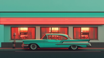 Iconic retro diner scene with neon signs and classic cars urban setting digital art nighttime nostalgia