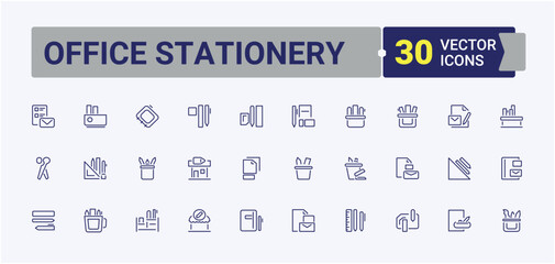 Office Stationery linear icon. Included folder, pencil, paint, brush, glue, file, marker. Stationery modern icons set. Icons for website. Vector icon and illustration.