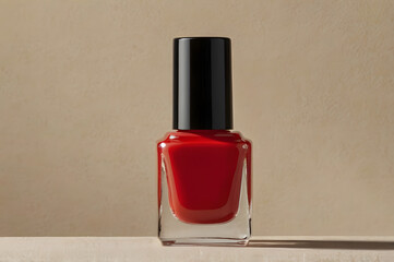 red nail polish bottle on neutral background, black lid