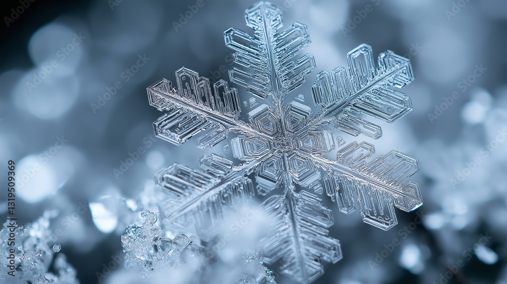 Poster A macro shot of a snowflake's intricate patterns, sparkling with light