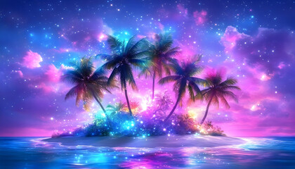 Magical island at night palm trees glowing ocean starry sky