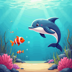 Fototapeta premium Vector drawing of cartoon dolphin and tropical fish under water at coral reef. Underwater world of ocean. Algae, corals and sea anemones on seabed. Illustration for children notepad.