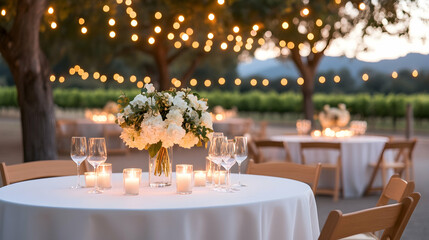 Elegant outdoor wedding reception under string lights