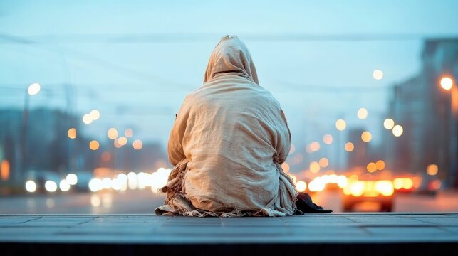 lone careworn figure wrapped in tattered linens sitting at edge of busy street emphasized by distant indifferent bustle