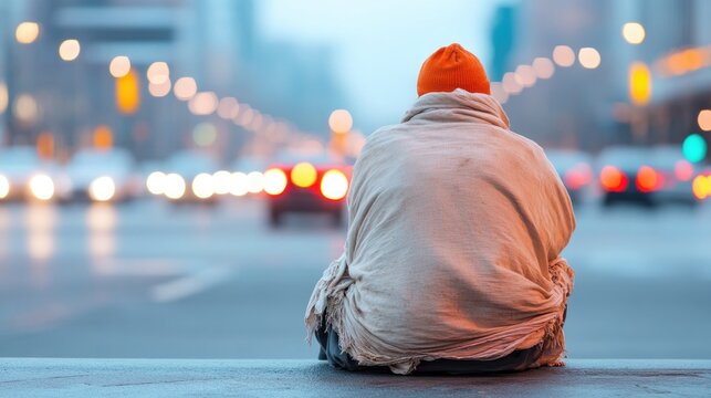 lone careworn figure wrapped in tattered linens sitting at edge of busy street emphasized by distant indifferent bustle