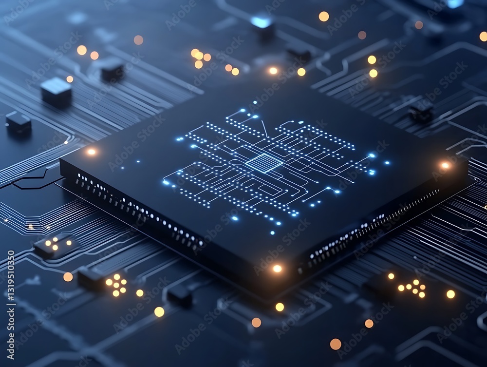 Poster illuminated cpu processor with circuitry background depicting technology