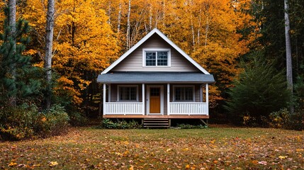 Autumn retreat in a rustic cabin enchanted woods nature scene serene environment ground level tranquility
