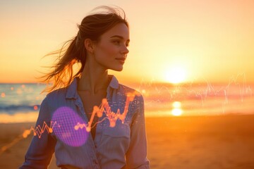 A young woman gazes at a sunset over the ocean, overlaid with data visualizations representing growth and progress.
