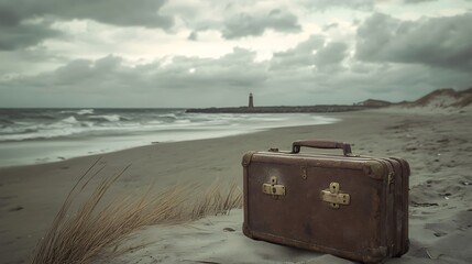 An old suitcase sitting alone on a sandy beach near ocean