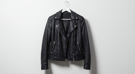 Hanging black leather jacket on white background for fashion advertising