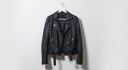 Leather Biker Jacket Hanging on White Background Stylish Apparel for Fashion
