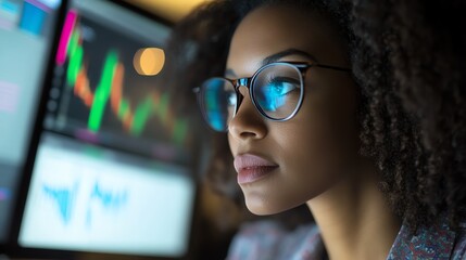 A financial analyst reviews data charts her face showing deep concentration and expertise