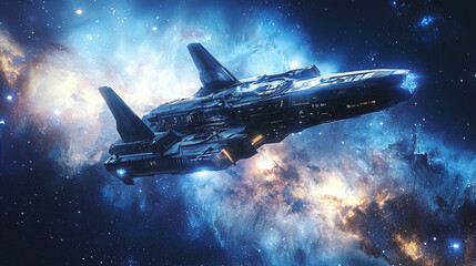 Fototapeta premium Spaceship flying near a distant galaxy, vibrant stars and cosmic clouds, ultra-realistic