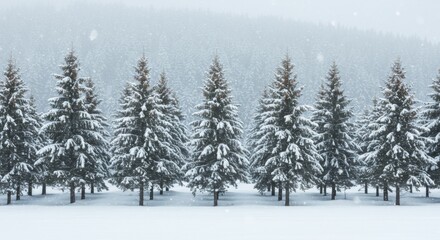 Obraz premium Snowy Evergreen Trees in Winter Forest Landscape with Falling Snow