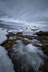 Dramatic winter landscape of snow-covered mountains and a frozen lake under a cloudy sky