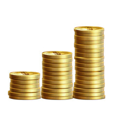 Three stacks of golden coins representing financial growth isolated on transparent background.