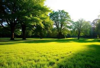 Sun-drenched green meadow, lush trees, bright sky Perfect tranquil park scene, photography, bright