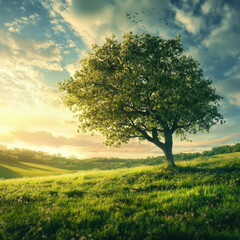 serene landscape featuring large tree in lush green field under vibrant sky. scene captures beauty of nature with soft sunlight and distant birds flying