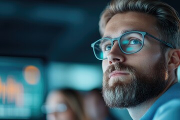 modern office space with team of young professionals collaborating over futuristic digital interfaces showcasing innovation